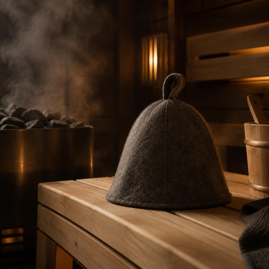 Wool sauna hat on a wooden sauna bench