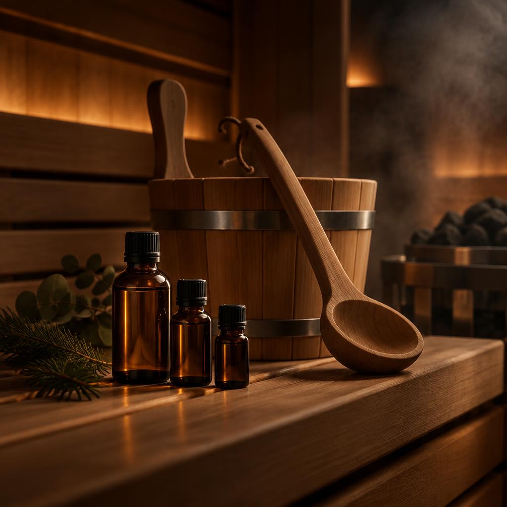 Amber glass sauna oil bottles beside a wooden bucket and ladle